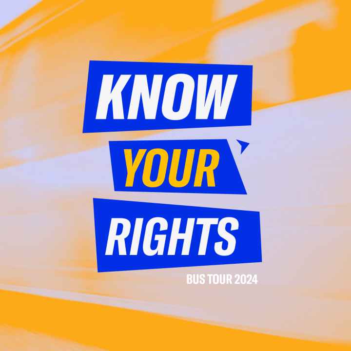 A graphic that says know your rights bus tour with question marks around the text.