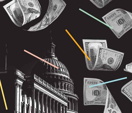 Paper money falling over the House of Congress.